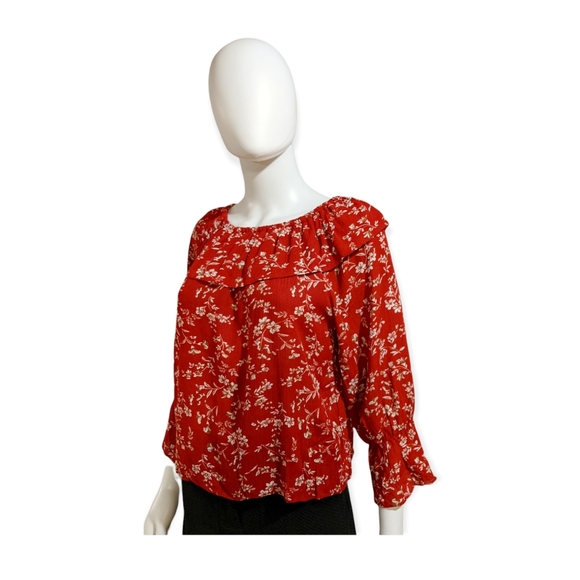 New Trend Off-Shoulder Long Sleeve Floral Top Dark Red - Picture 3 of 12